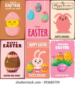 Vintage Easter Egg poster design set with Easter bunny