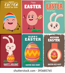Vintage Easter Egg poster design set with Easter bunny
