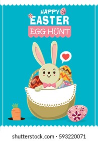 Vintage Easter Egg poster design with Easter rabbit & basket