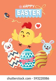 Vintage Easter Egg poster design with Easter rabbit, chick,