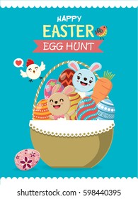 Vintage Easter Egg poster design with Easter rabbit, bird