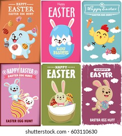 Vintage Easter Egg poster design with Easter rabbit, chicken