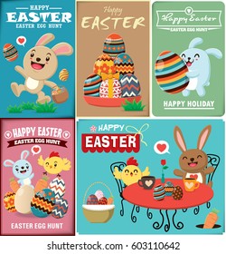 Vintage Easter Egg poster design with Easter rabbit, chicken