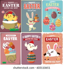 Vintage Easter Egg poster design with Easter rabbit, chicken