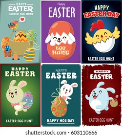 Vintage Easter Egg poster design with Easter rabbit, chicken