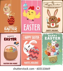 Vintage Easter Egg poster design with Easter rabbit, chicken