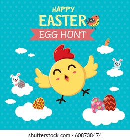 Vintage Easter Egg poster design with chicken, rooster, rabbit