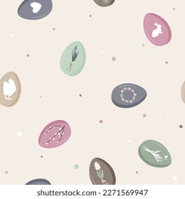 Vintage Easter eggs with spring flowers and symbols. Spring seamless pattern, pastel background, doodle vector illustration.