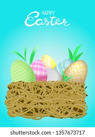 vintage Easter eggs in a wicker nest, green grass on Happy Easter greeting card