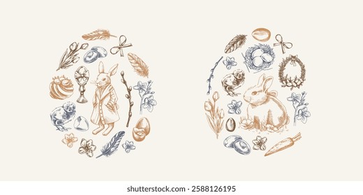 Vintage Easter elements arranged in egg shape with bunny, chick, egg, bow, willow, and feathers

