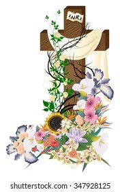 Vintage Easter Empty Cross With White Cloth, White Roses, Flowers And Thorns, Happy Easter, He Is Risen Vector Illustration