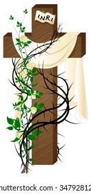 Vintage Easter empty cross with white cloth, white roses and thorns, Easter or Lent vector illustration