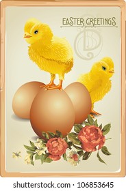 Vintage Easter greeting card with chicks with Easter egg. Detailed vector illustration. Abstract Elegance background.