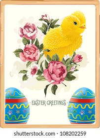 Vintage Osterkarte mit Küken mit Osterei. Detaillierte Vektorgrafik. Abstrakter, eleganter Hintergrund.