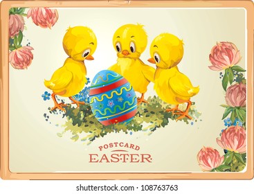 Vintage Easter greeting card with chicks with Easter egg. Detailed vector illustration. Abstract Elegance background.