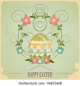 tarjeta de felicitación vintage de Pascua con huevos y flores de color - ilustración vectorial