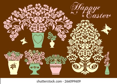 Vintage Easter Greeting Card with egg and flowers . Vector illustration for your spring happy holiday design. 