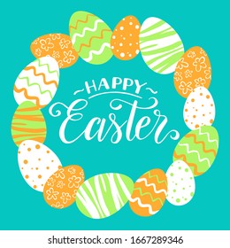 Vintage tarjeta de felicitación de Pascua, marco. Ilustración vectorial con huevos de Pascua, letras escritas a mano Feliz Pascua, plantilla de vacaciones de primavera.