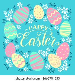 Vintage easter greeting card, frame. Vector illustration with easter eggs, hand written lettering Happy Easter, spring holiday template.