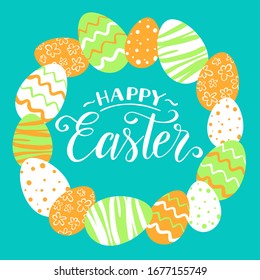 Vintage easter greeting card, frame. Vector illustration with easter eggs, hand written lettering Happy Easter, spring holiday template.