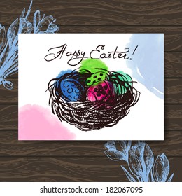 Vintage Easter greeting card, hand drawn sketch illustration wooden background