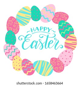 Vintage easter greeting card. Vector illustration with easter eggs on white background.