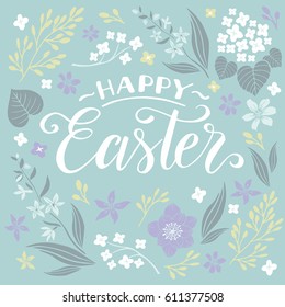 Vintage easter greeting card. Vector illustration with easter eggs and flowers on green background.