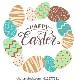 Vintage easter greeting card. Vector illustration with easter eggs on white background.