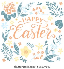 Vintage easter greeting card. Vector illustration with easter eggs and flowers on white background.