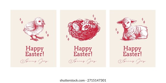 Vintage Easter hand drawn banner set. Spring greeting cards and invitation design. Retro sketch vector illustration. Stickers collage elements