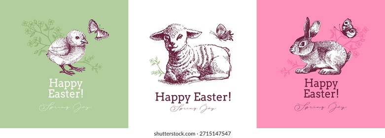 Vintage Easter hand drawn banner set. Spring greeting cards and invitation design. Retro sketch vector illustration. Stickers collage elements