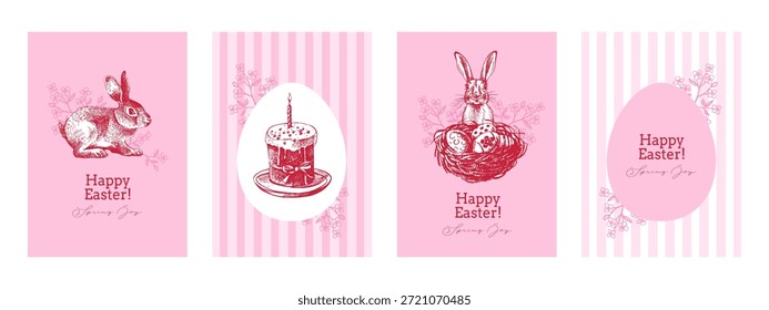 Conjunto de Anuncio dibujado a mano de Pascua Antiguas. Tarjetas de felicitación de primavera y diseño de invitación. Ilustración vectorial de boceto retro. Pegatinas Elementos de collage