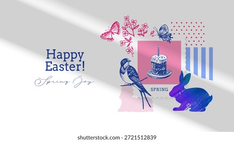 Vintage Easter hand drawn collage background. Spring greeting card and invitation design. Retro sketch vector illustration. Sticker elements