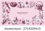 Vintage Easter hand drawn frame. Spring greeting cards and invitation design. Retro sketch vector illustration. Stickers collage elements