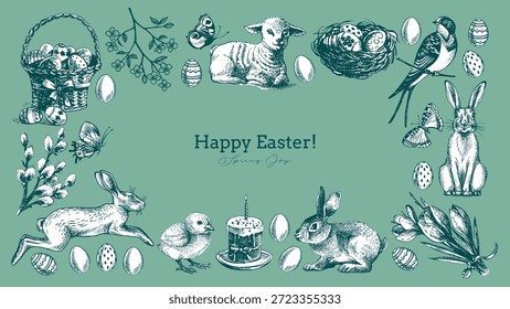 Marco dibujado a mano de Pascua de Antiguas. Tarjetas de felicitación de primavera y diseño de invitación. Ilustración vectorial de boceto retro. Pegatinas Elementos de collage