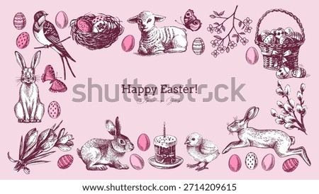 Vintage Easter hand drawn frame. Spring greeting cards and invitation design. Retro sketch vector illustration. Stickers collage elements