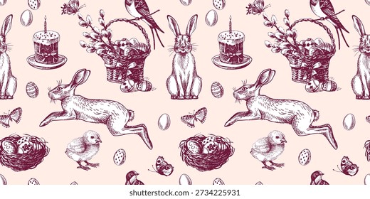 Vintage Easter hand drawn seamless pattern. Spring holiday design. Retro sketch vector isolated illustration.