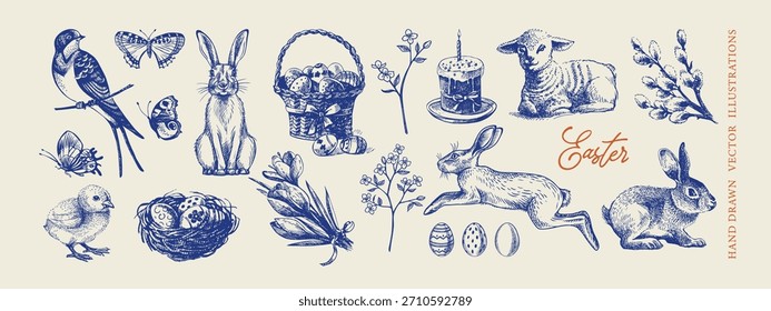 Vintage Páscoa conjunto desenhado à mão. Cartões comemorativos e design de convites. Ilustração de vetor de esboço retrô