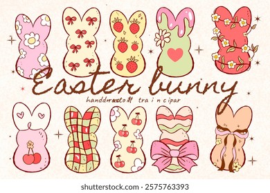 vintage easter, Happy easter, cute Easter rabbit, eggs, spring flowers in pastel colors,  Easter posters, covers, labels templates set, Vintage rabbit Happy baby wear clipart, Hand Drawn Engraving 