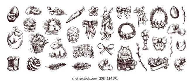 Vintage easter holiday hand drawn sketch illustration set  in engraved style