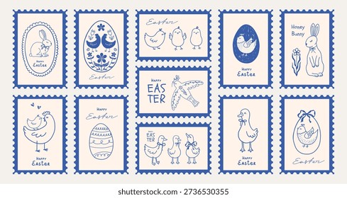 Vintage Easter Postage Stamp Collection with Hand Drawn Bunny and Spring Motifs. Retro cards, stickers. Vector illustration.