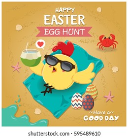 Vintage Easter poster beach design with rooster, chicken