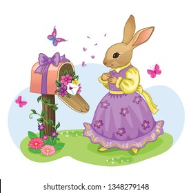Vintage Easter poster with a cute rabbit or bunny. Romantic gift. Isolated cartoon illustration, suitable for print or sticker. Beautiful holiday postcard. Wonderland. Children's theme. Vector. 