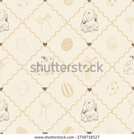 Vintage Easter seamless pattern with hand-drawn rabbits, ornate eggs and bows in engraving style. Pastel spring background for textile and wallpaper.