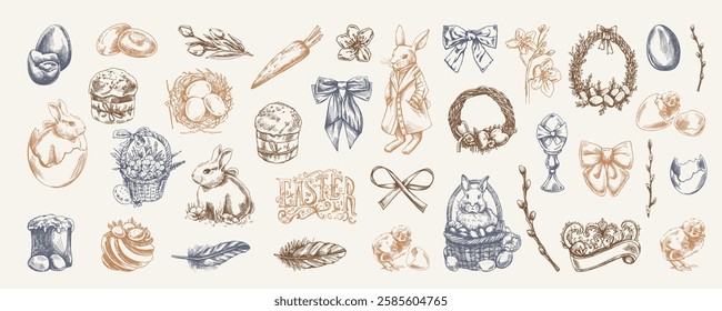 Vintage Easter set with bunnies, eggs, wreaths, ribbons, and festive elements in beige, blue, and brown tones

