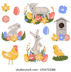 Vintage Easter set. Bunny, sheep, birdhouse, chick, chicken, flowers, eggs. Vector illustration.