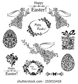 Vintage Easter Set. Collection of design elements isolated on White background. Vector illustration