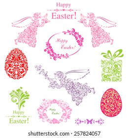 Vintage Easter Set. Collection of design elements isolated on White background. Vector illustration