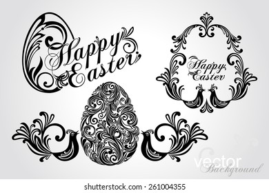 Vintage Easter Set. Collection of design elements isolated on white background. Vector illustration