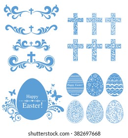 Vintage Easter Set. Collection of design elements isolated on White background. Vector illustration
